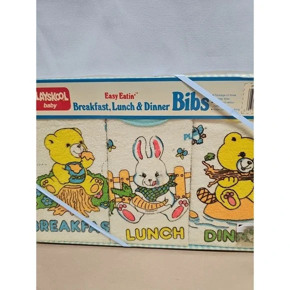 1986 Playskool Drool Bibs Set for Breakfast Lunch Dinner Bears Bunny Box 3 Pack - Picture 3 of 8